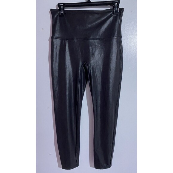 Spanx Leggings XL Black Faux Leather Slimming Tummy Control Compression Mobwife - Picture 1 of 10